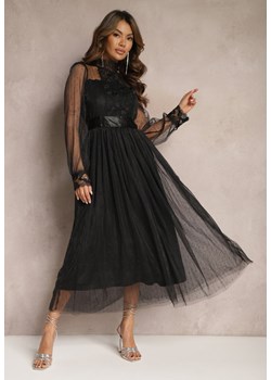 Czarna Siateczkowa Sukienka Maxi o Rozkloszowanym Kroju z Ozdobną Koronką Narile ze sklepu Renee odzież w kategorii Sukienki - zdjęcie 168279067