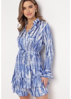 Niebieska Sukienka Mini Ozdobiona Falbankami i Akwarelowym Wzorem Panava ze sklepu Born2be Odzież w kategorii Sukienki - zdjęcie 168279237