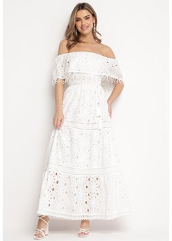Biała Bawełniana Sukienka Maxi w Stylu Boho Ozdobiona Ażurowym Haftem Hellvia ze sklepu Born2be Odzież w kategorii Sukienki - zdjęcie 168279455