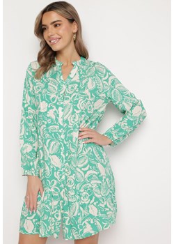 Zielona Koszulowa Sukienka Mini o Rozkloszowanym Fasonie z Kwiatowym Motywem Hexama ze sklepu Born2be Odzież w kategorii Sukienki - zdjęcie 168284455