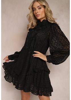 Czarna Ażurowa Sukienka Mini o Rozkloszowanym Fasonie z Falbankami Beline ze sklepu Renee odzież w kategorii Sukienki - zdjęcie 168705457