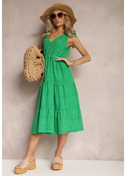 Zielona Rozkloszowana Sukienka Midi z Bawełny Ozdobiona Haftem z Troczkiem w Pasie Tuvina ze sklepu Renee odzież w kategorii Sukienki - zdjęcie 168705527