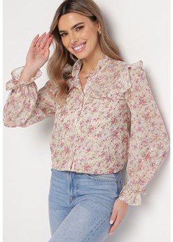 Jasnobeżowa Koszula z Błyszczącymi Drobinkami Falbankami i Wzorem w Kwiaty Vletanna ze sklepu Born2be Odzież w kategorii Koszule damskie - zdjęcie 168732166