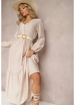 Beżowa Rozkloszowana Sukienka Pudełkowa Maxi z Ozdobnymi Guzikami Nervatti ze sklepu Renee odzież w kategorii Sukienki - zdjęcie 168736276