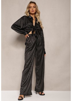 Czarne Szerokie Spodnie z Gumką w Talii i Błyszczącym Wzorem w Paski Zoyama ze sklepu Renee odzież w kategorii Spodnie damskie - zdjęcie 168736456