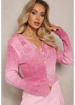 Różowy Kardigan z Kwiatami 3D oraz Guzikami Mottia ze sklepu Renee odzież w kategorii Swetry damskie - zdjęcie 168736466