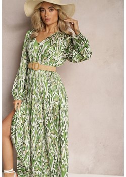 Zielona Rozkloszowana Sukienka Maxi z Gumką w Pasie Ozdobiona Abstrakcyjnym Wzorem Raliven ze sklepu Renee odzież w kategorii Sukienki - zdjęcie 168736557