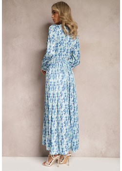 Niebieska Satynowa Sukienka z Gumką w Talii i Wzorem Paisley Xalire ze sklepu Renee odzież w kategorii Sukienki - zdjęcie 168736559