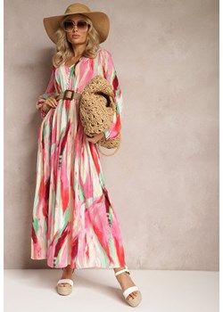 Różowo-Zielona Rozkloszowana Sukienka z Gumką w Talii i Akwarelowym Wzorem Kasille ze sklepu Renee odzież w kategorii Sukienki - zdjęcie 168736567