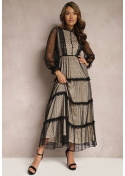 Beżowo-Czarna Tiulowa Sukienka Maxi ze Wstawkami z Koronki i Ozdobnymi Guzikami Aovena ze sklepu Renee odzież w kategorii Sukienki - zdjęcie 168814836