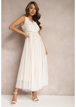 Biała Maxi Sukienka o Rozkloszowanym Kroju z Koronką i Tiulem Herdolia ze sklepu Renee odzież w kategorii Sukienki - zdjęcie 168814846