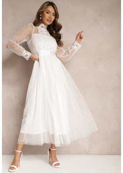 Biała Siateczkowa Sukienka Maxi o Rozkloszowanym Kroju z Ozdobną Koronką Narile ze sklepu Renee odzież w kategorii Sukienki - zdjęcie 168814906