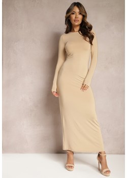 Beżowa Sukienka Maxi o Dopasowanym Kroju z Okrągłym Dekoltem Merilin ze sklepu Renee odzież w kategorii Sukienki - zdjęcie 168814946