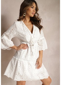 Biała Bawełniana Sukienka z Wiązaniem przy Dekolcie i Ażurowym Wzorem Falrisa ze sklepu Renee odzież w kategorii Sukienki - zdjęcie 168815207