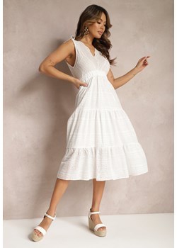 Biała Rozkloszowana Sukienka Midi z Bawełny Ozdobiona Haftem z Troczkiem w Pasie Tuvina ze sklepu Renee odzież w kategorii Sukienki - zdjęcie 168815257
