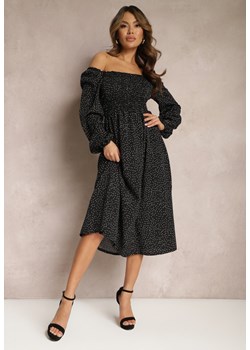 Czarna Rozkloszowana Sukienka Midi w Kropki z Hiszpańskim Dekoltem Lusena ze sklepu Renee odzież w kategorii Sukienki - zdjęcie 168815335