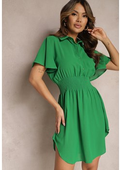 Zielona Wiskozowa Sukienka Mini z Koszulową Górą o Rozkloszowanym Kroju Lerinka ze sklepu Renee odzież w kategorii Sukienki - zdjęcie 168818489