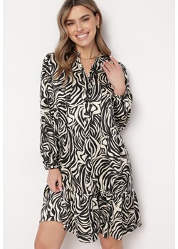 Czarno-Beżowa Sukienka Mini z Falbanką i Abstrakcyjnym Wzorem Ovina ze sklepu Born2be Odzież w kategorii Sukienki - zdjęcie 168836765