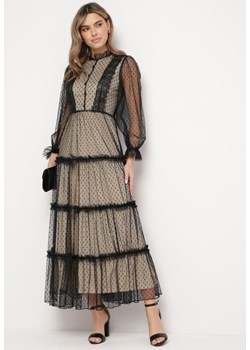 Beżowo-Czarna Rozkloszowana Sukienka Maxi z Przezroczystszego Tiulu Ozdobiona Koronką Lanessa ze sklepu Born2be Odzież w kategorii Sukienki - zdjęcie 168842148