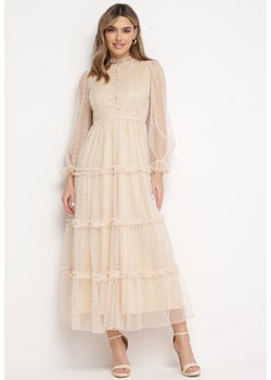 Beżowa Rozkloszowana Sukienka Maxi z Przezroczystszego Tiulu Ozdobiona Koronką Lanessa ze sklepu Born2be Odzież w kategorii Sukienki - zdjęcie 168842155