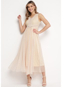 Beżowa Rozkloszowana Sukienka Maxi z Koronkową Górą i Tiulowym Dołem Gelivia ze sklepu Born2be Odzież w kategorii Sukienki - zdjęcie 168842169