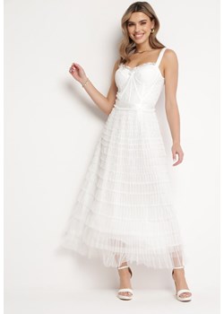 Biała Sukienka Maxi na Ramiączkach z Gorsetową Górą i Tiulowymi Falbanami Encartia ze sklepu Born2be Odzież w kategorii Sukienki - zdjęcie 168842218