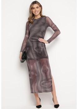 Czarno-Beżowa Dopasowana Sukienka Maxi z Przeźroczystego Materiału z Wycięciem Polria ze sklepu Born2be Odzież w kategorii Sukienki - zdjęcie 168842295
