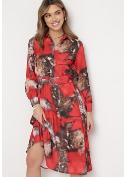 Czerwono-Brązowa Sukienka Midi o Rozkloszowanym Kroju z Paskiem z Klamrą Olvira ze sklepu Born2be Odzież w kategorii Sukienki - zdjęcie 168842607