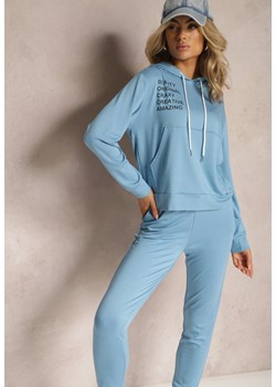 Niebieski Bawełniany Komplet Dresowy Bluza z Kapturem i Napisem oraz Spodnie Tilesa ze sklepu Renee odzież w kategorii Dresy damskie - zdjęcie 168846556