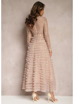 Beżowa Koronkowa Sukienka Maxi o Rozkloszowanym Kroju z Tiulowymi Falbankami Sivina ze sklepu Renee odzież w kategorii Sukienki - zdjęcie 168846728