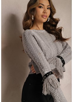 Szary Krótki Sweter z Ozdobnymi Paskami z Ekoskóry i Frędzlami Steviuna ze sklepu Renee odzież w kategorii Swetry damskie - zdjęcie 168846736