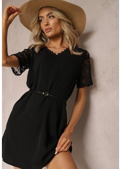 Czarna Sukienka Mini o Luźnym Kroju z Bawełny Ozdobiona Koronką Kerilia ze sklepu Renee odzież w kategorii Sukienki - zdjęcie 168846779