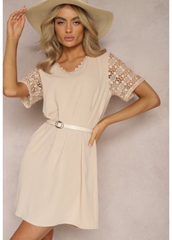 Beżowa Sukienka Mini o Luźnym Kroju z Bawełny Ozdobiona Koronką Kerilia ze sklepu Renee odzież w kategorii Sukienki - zdjęcie 168846789