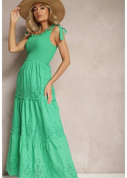 Zielona Ażurowa Sukienka Rozkloszowana Maxi z Bawełny z Wiązanymi Ramiączkami Miresta ze sklepu Renee odzież w kategorii Sukienki - zdjęcie 168846869