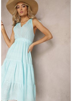 Jasnoniebieska Rozkloszowana Sukienka Midi z Bawełny Ozdobiona Haftem z Troczkiem w Pasie Tuvina ze sklepu Renee odzież w kategorii Sukienki - zdjęcie 168846879