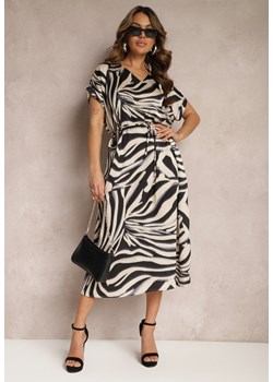 Beżowo-Czarna Midi Sukienka Pudełkowa w Animal Print z Paskiem Avula ze sklepu Renee odzież w kategorii Sukienki - zdjęcie 168846889