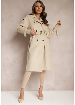 Beżowy Płaszcz o Dwurzędowym Fasonie z Paskiem Nivela ze sklepu Renee odzież w kategorii Płaszcze damskie - zdjęcie 168846919