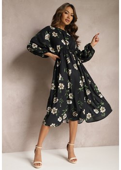 Czarno-Beżowa Midi Sukienka w Kwiaty o Rozkloszowanym Kroju z Rękawami Nietoperz Jervia ze sklepu Renee odzież w kategorii Sukienki - zdjęcie 168846999