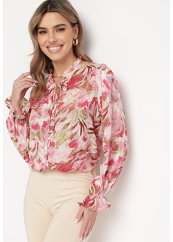 Różowa Kwiatowa Koszula ze Stójką z Wiązaniem i Ściągaczami Rystina ze sklepu Born2be Odzież w kategorii Koszule damskie - zdjęcie 168847336