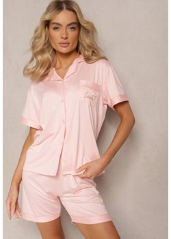 Różowy Komplet Piżamowy z Krótką Koszulą z Napisem i Szortami Finetta ze sklepu Renee odzież w kategorii Piżamy damskie - zdjęcie 168930696