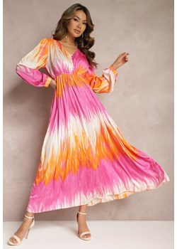 Różowo-Pomarańczowa Rozkloszowana Sukienka Maxi Satynowa z Guzikami Elvinase ze sklepu Renee odzież w kategorii Sukienki - zdjęcie 168930717