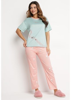 Miętowy Komplet Piżamowy Koszulka z Nadrukiem i Proste Długie Spodnie Lirrana ze sklepu Born2be Odzież w kategorii Piżamy damskie - zdjęcie 168933245