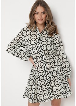 Beżowo-Czarna Bawełniana Sukienka Mini w Geometryczny Wzór Frenia ze sklepu Born2be Odzież w kategorii Sukienki - zdjęcie 168933326