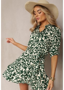 Beżowo-Zielona Wiskozowa Sukienka Koszulowa Ozdobiona Ornamentalnym Wzorem Lirenna ze sklepu Renee odzież w kategorii Sukienki - zdjęcie 168935717