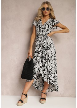 Czarno-Biała Wiskozowa Sukienka Maxi o Kopertowym Fasonie w Kwiaty Hazea ze sklepu Renee odzież w kategorii Sukienki - zdjęcie 168935747
