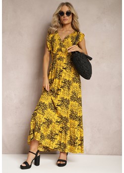 Żółta Rozkloszowana Sukienka z Wiskozy Maxi z Kopertowym Dekoltem Luksia ze sklepu Renee odzież w kategorii Sukienki - zdjęcie 168935788