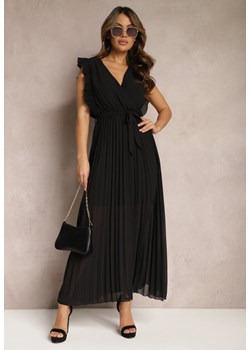Czarna Wiskozowa Sukienka Maxi z Plisowaniem o Rozkloszowanym Kroju i Kopertowym Dekolcie Fliceris ze sklepu Renee odzież w kategorii Sukienki - zdjęcie 168935798