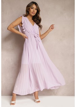 Jasnofioletowa Wiskozowa Sukienka Maxi z Plisowaniem o Rozkloszowanym Kroju i Kopertowym Dekolcie Fliceris ze sklepu Renee odzież w kategorii Sukienki - zdjęcie 168935817