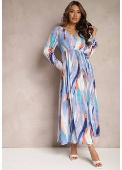 Niebieska Rozkloszowana Sukienka z Gumką w Talii i Akwarelowym Wzorem Kasille ze sklepu Renee odzież w kategorii Sukienki - zdjęcie 168939608