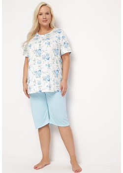 Niebiesko-Biały Komplet Piżamowy w Kwiaty Koszulka z Krótkim Rękawem i Spodnie Lużne 3/4 Lareni ze sklepu Born2be Odzież w kategorii Piżamy damskie - zdjęcie 168939815